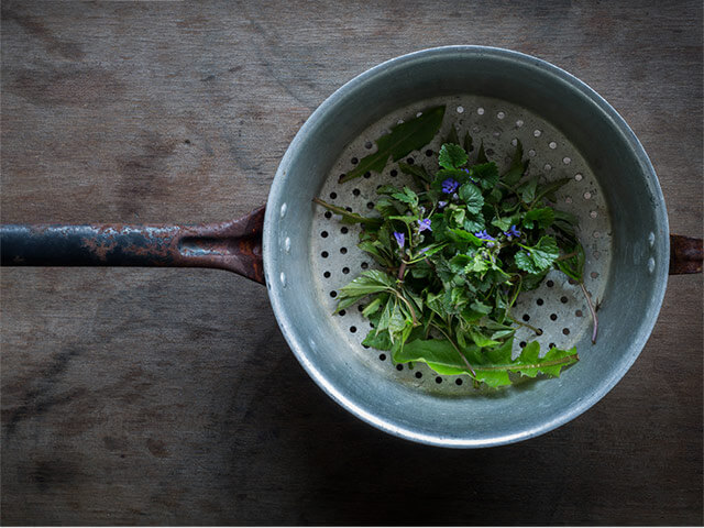 Gammelt dørslag med grønne blader og blå blomster i